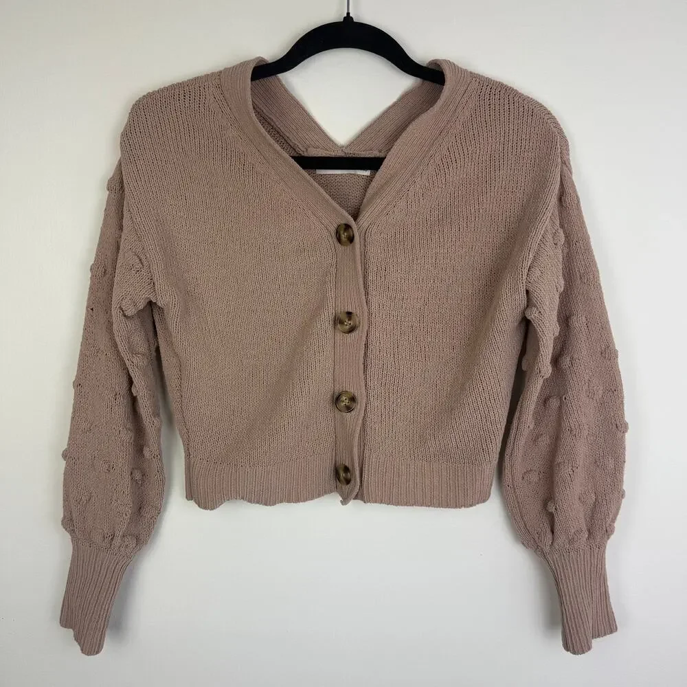 Moon & Madison Womens Long Sleeve Ball Cropped Knit Beige Button-Up Sweater XS